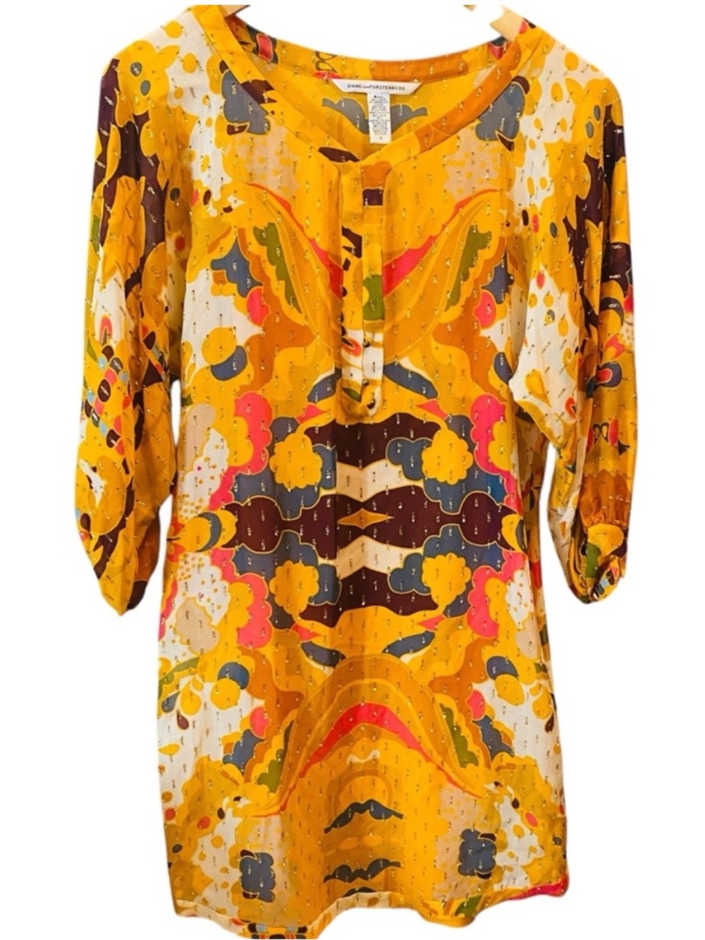 DIANE VON FURSTENBERG Gold Yellow Silk and Lurex Bohemian Mandala Printed Dress